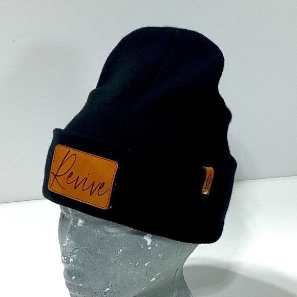 Black Knit Hat Beanie Revive Leather Front Patch With H Logo - Picture 1 of 9